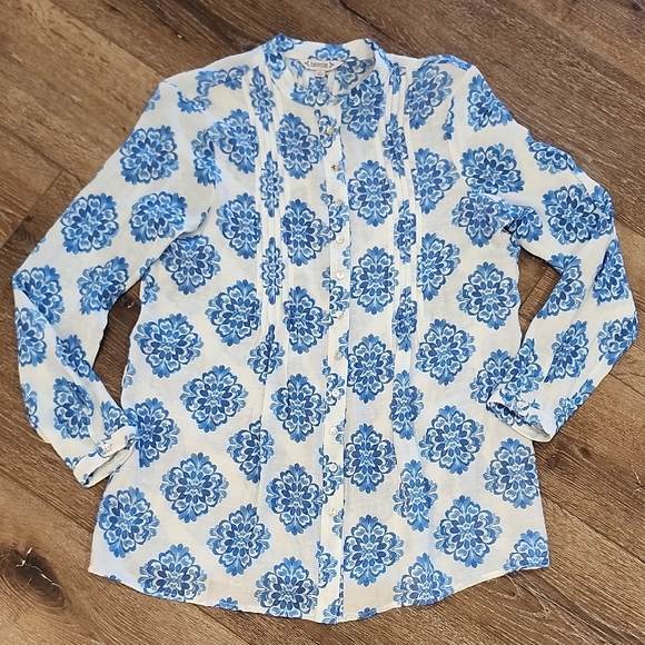 Nanette Lepore Tops - Nanette Lepore Pintuck Pleats Blue White Resortwear Patterned Tunic Blouse Small
